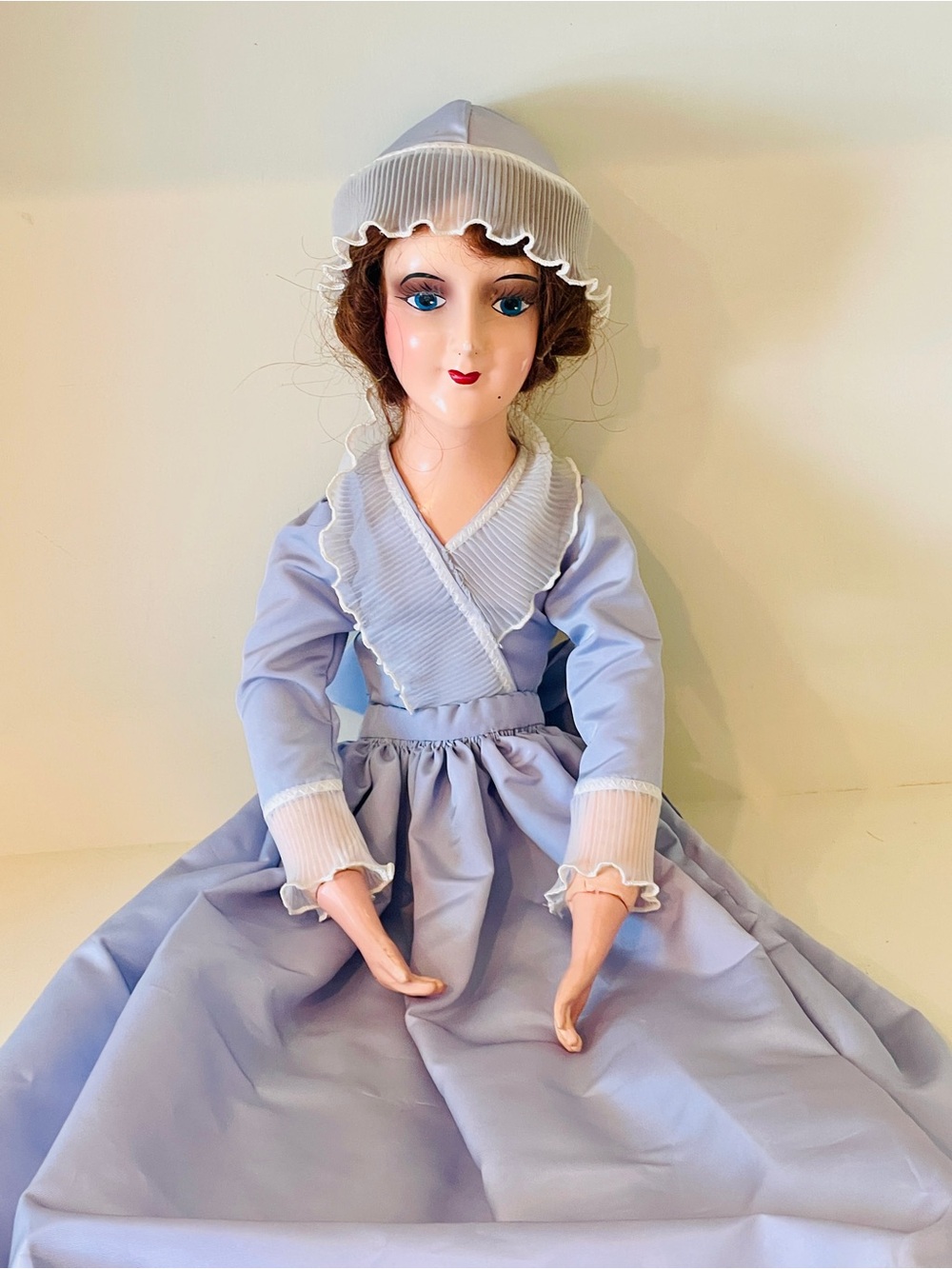 Vintage Boudoir Doll 30" Hand Painted Face Satin Dress Cornflower Blue Maid